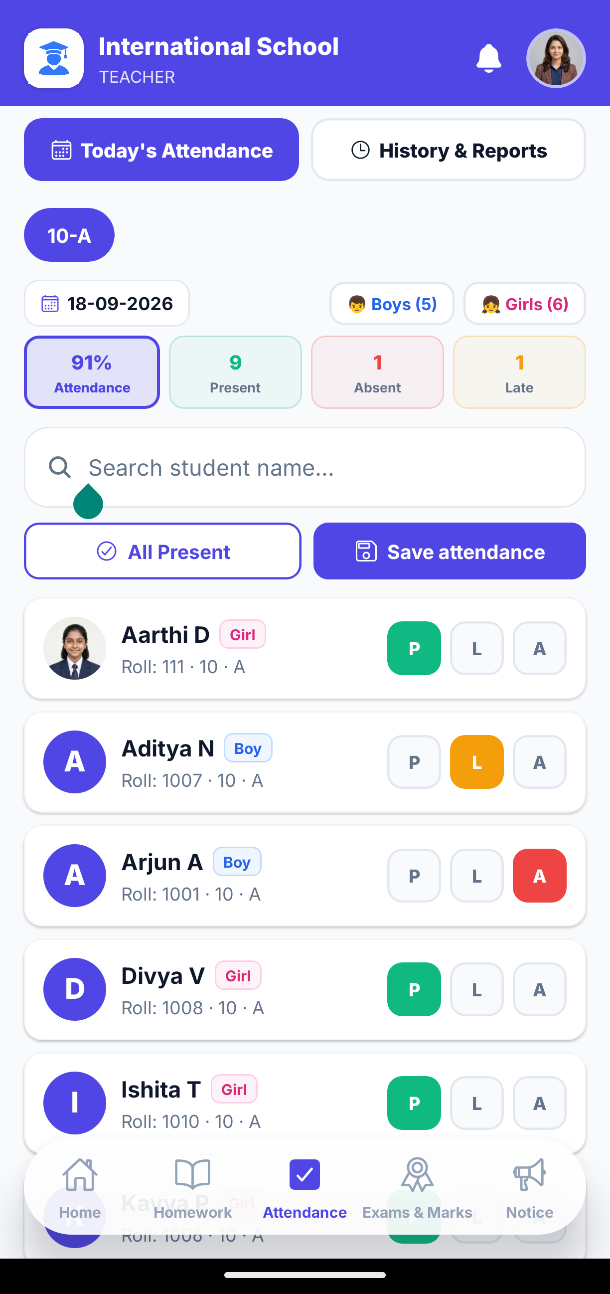 Daily Attendance Marking Mobile View
