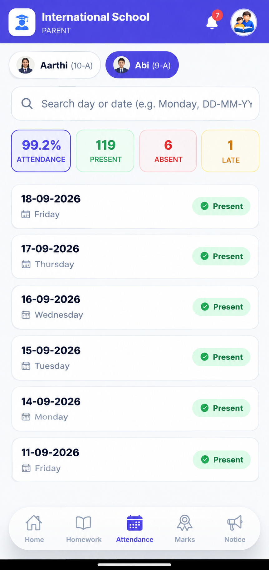 Parent Attendance Calendar Mobile View