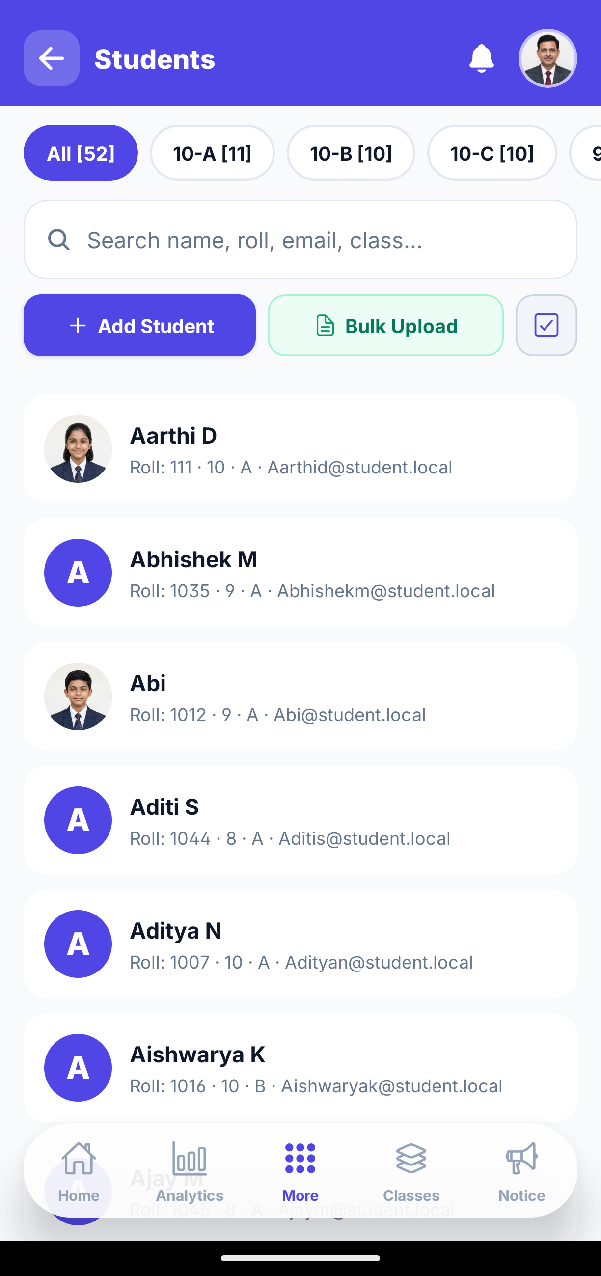 Bulk Student Excel/CSV Upload Mobile View
