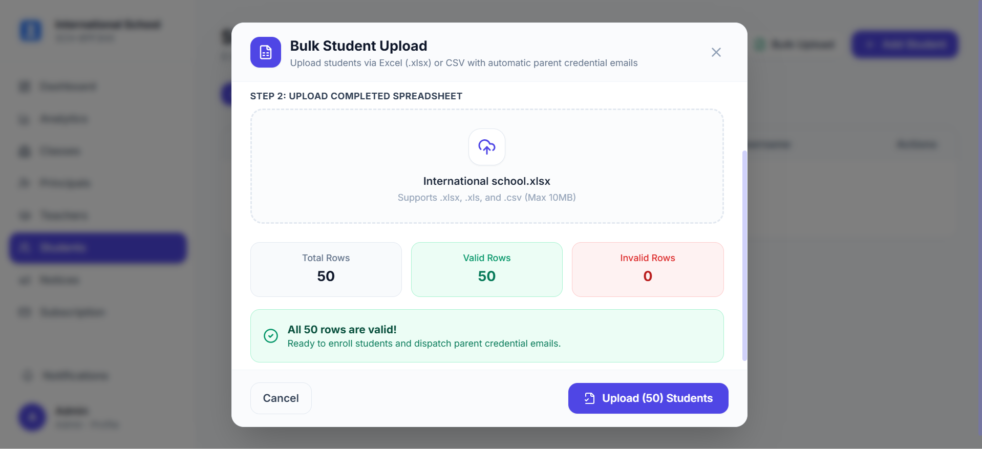 Bulk Student Excel/CSV Upload Web View