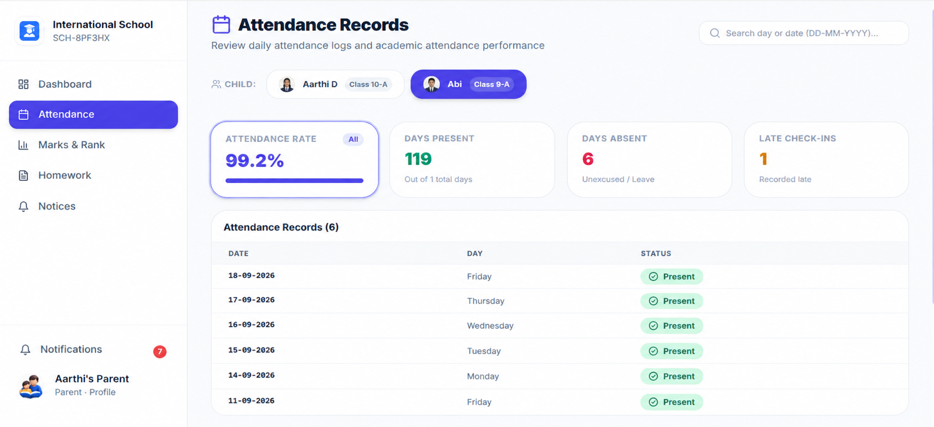 Parent Attendance Calendar Web View